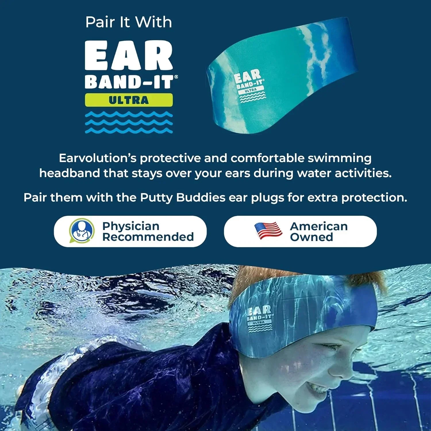 Putty Buddies earplugs pair with Ear Band-It Ultra swimming headband