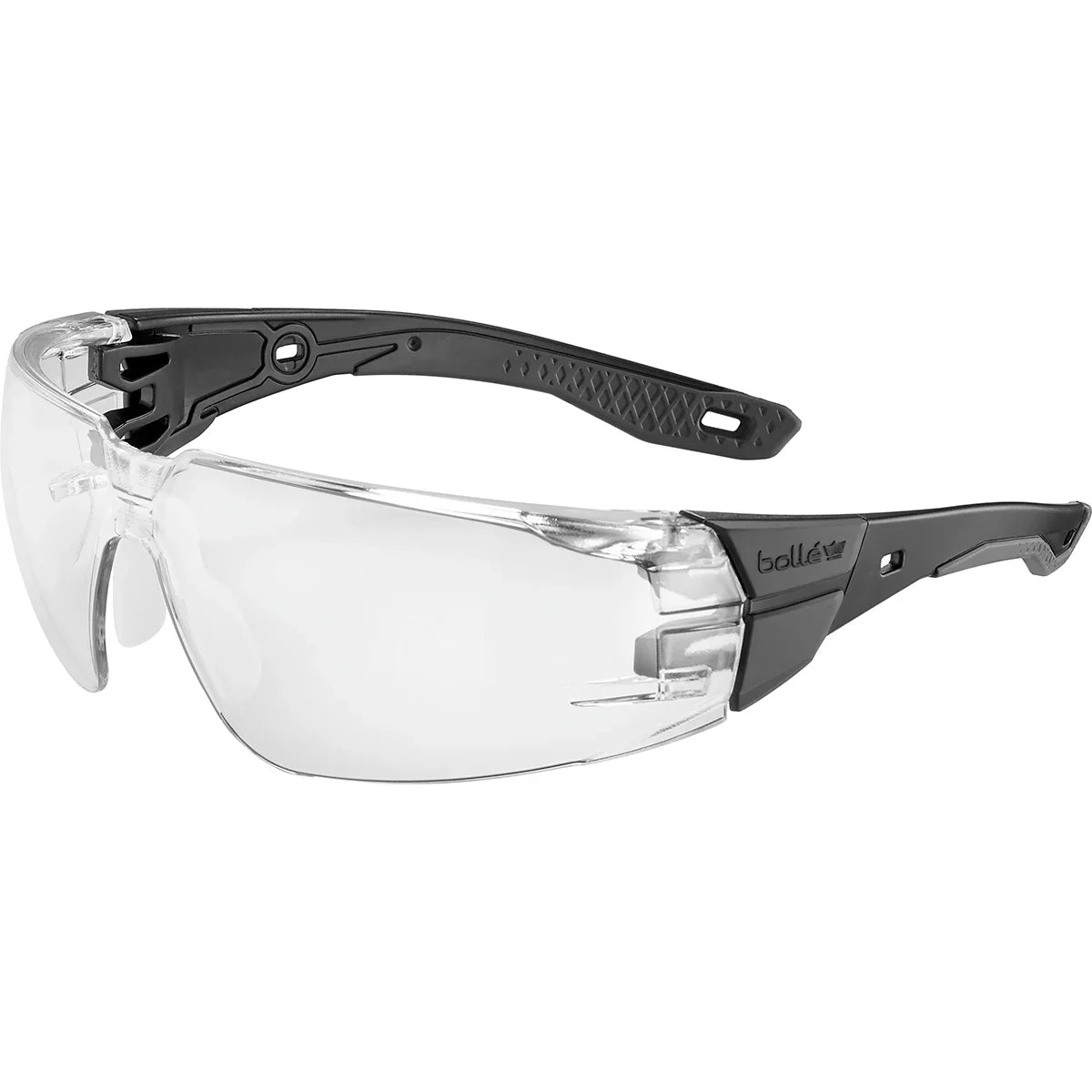Clear Bolle Rush+ 2.0 safety glasses with black and grey frame
