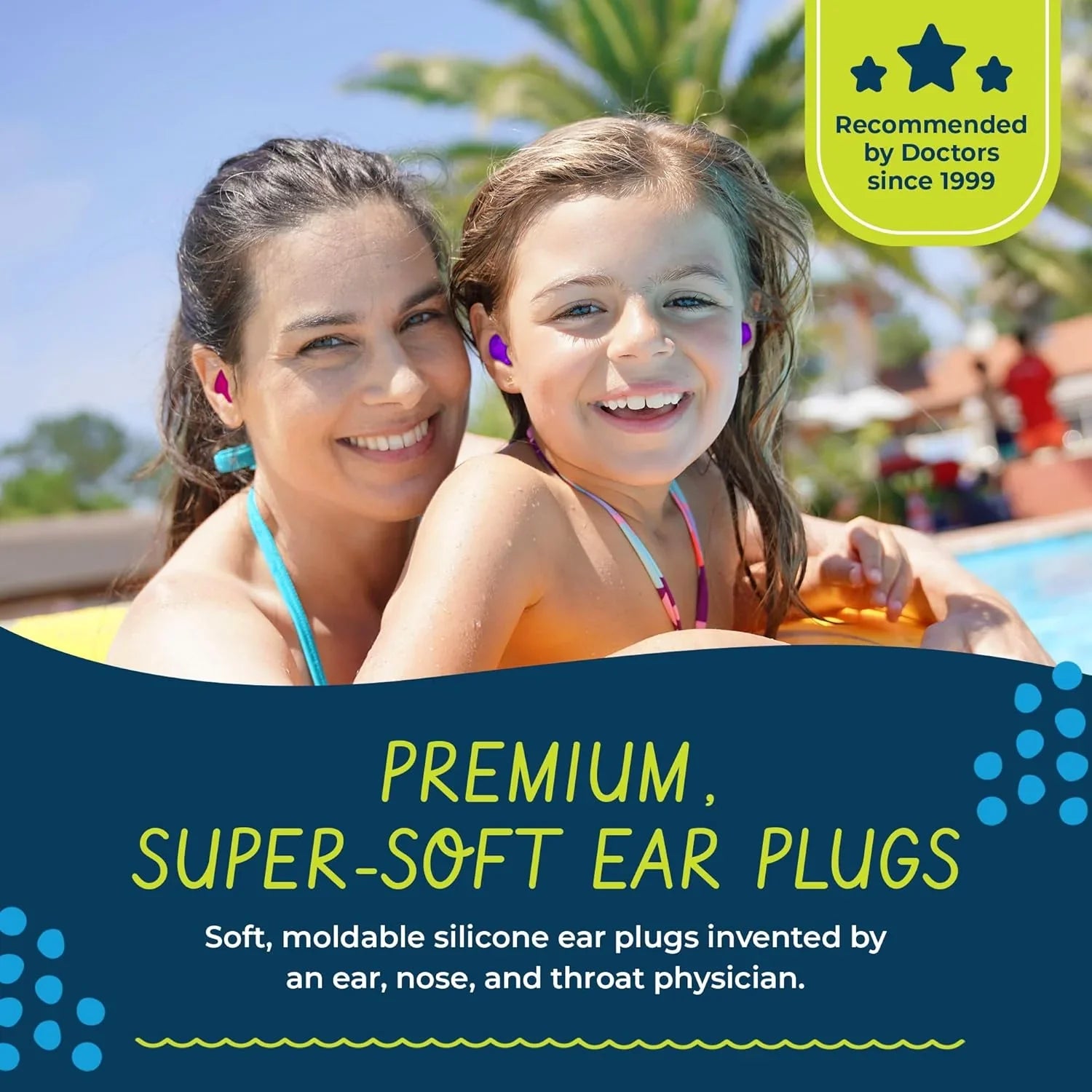 A woman and child wearing Putty Buddies swimming earplugs.