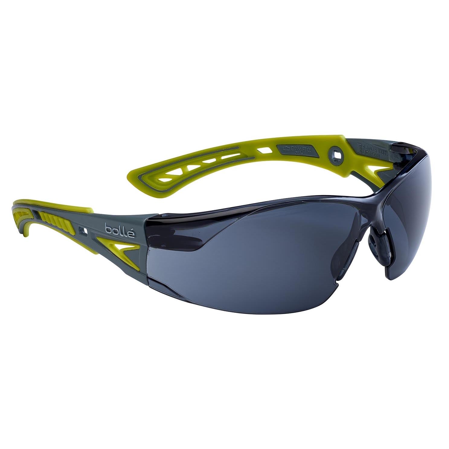 Bolle RUSH+ Small BL-RUSHPSPSFL Safety Glasses Grey/Yellow Temples Smoke Lens