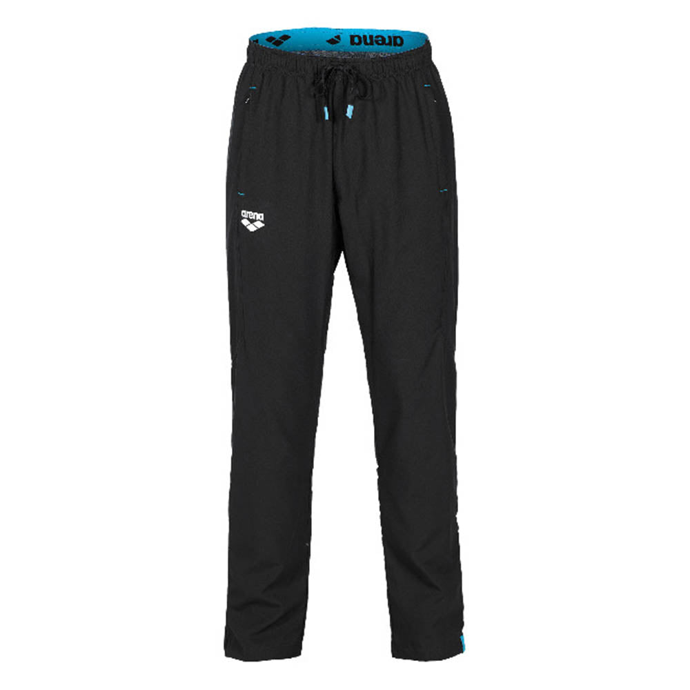 Black Arena athletic pants with a bright blue waistband, blue drawstring tips, and a white Arena logo on the left thigh
