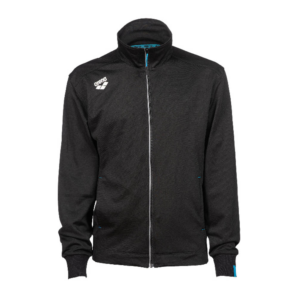 A black Arena full-zip athletic jacket with a stand-up collar, featuring a white Arena logo on the left chest and subtle blue accents on the zipper, cuffs, and interior collar, shown against a plain white background.