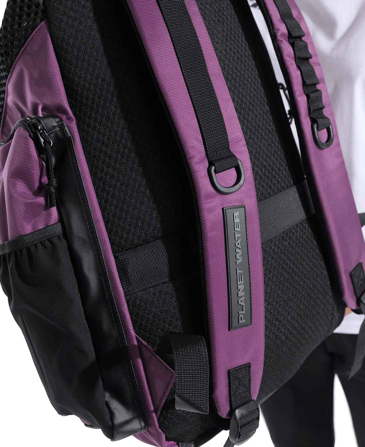 Arena one go Plum backpack with 'Planet Water' branding.