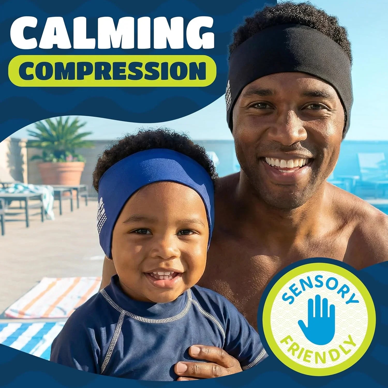 Man and child wearing Ear Band it Ultra Swimming Headband